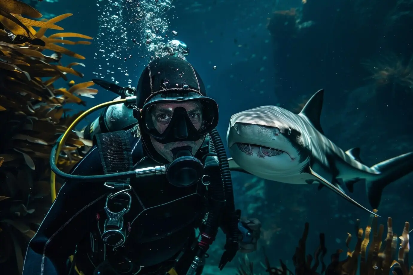 Unterwasserporträt eines Gerätetauchers, der die Meereswelt erkundet.