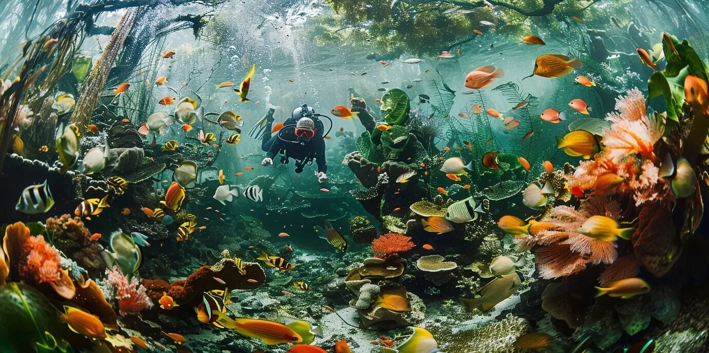 Ein Gerätetaucher, umgeben von wunderschöner Unterwasser-Natur.